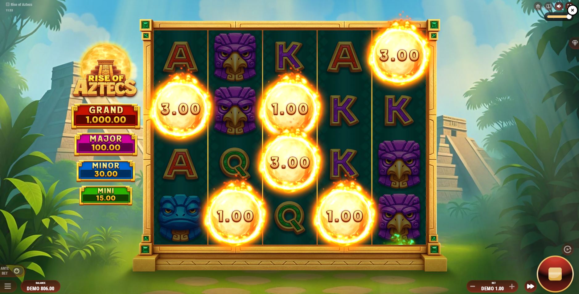 The moment the Bonus Game triggers in Rise of Aztecs, with seven glowing Fiery Sun symbols locked onto the reels.