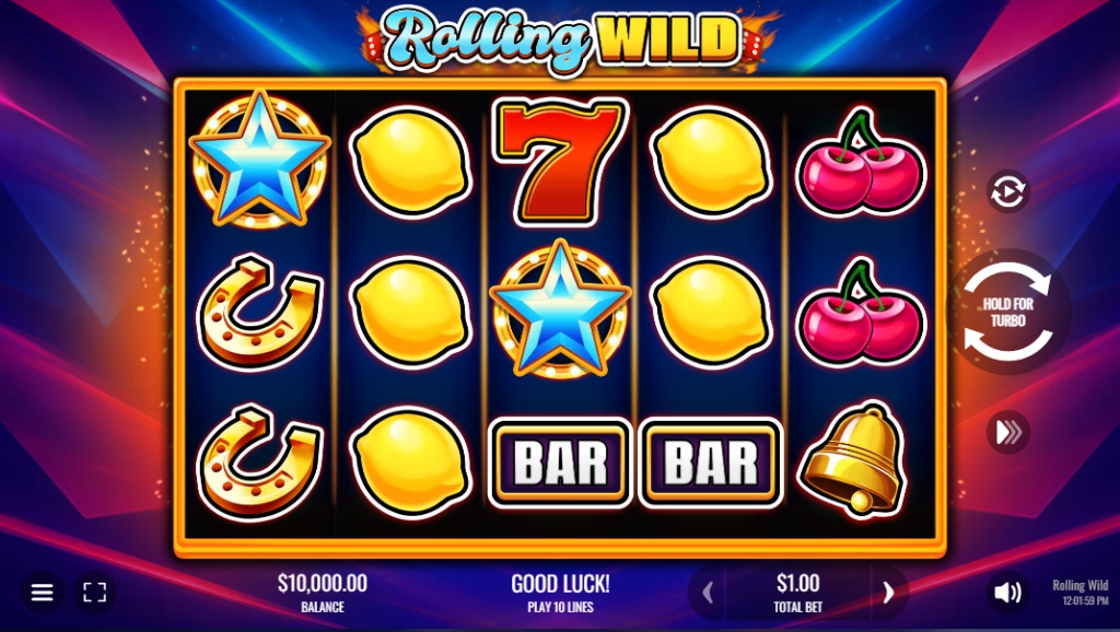 The 5x3 reel layout of the Rolling Wild slot demo, showing classic fruit, BAR, and 7 symbols.