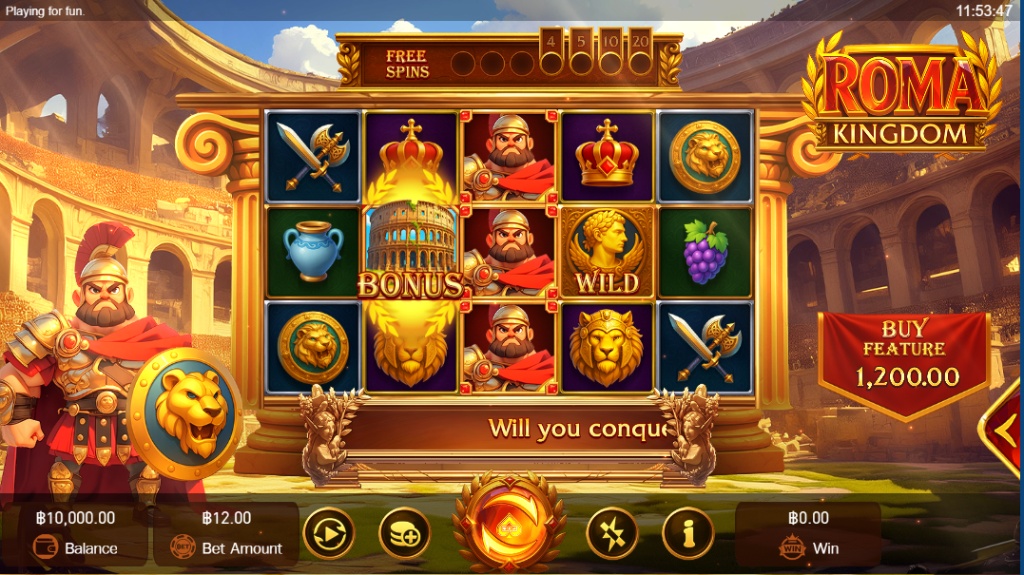 The main 5x3 game grid of the Roma Kingdom slot, showing the Colosseum background and Roman-themed symbols.