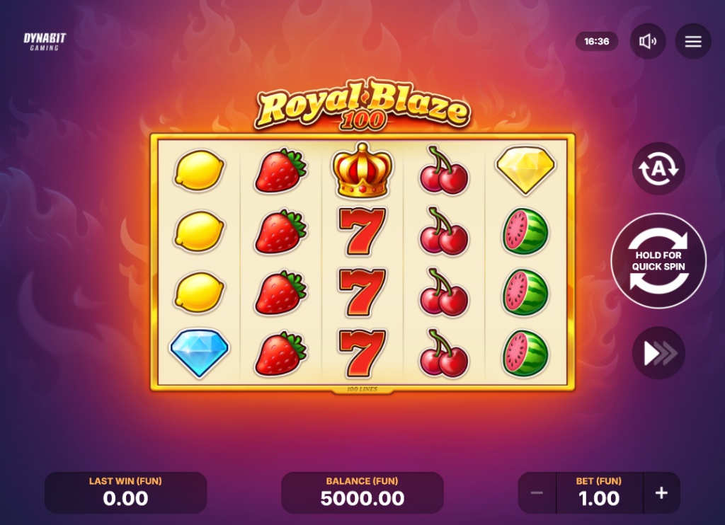 Main 5x4 game grid of the Royal Blaze 100 slot, showing classic fruit, 7s, and diamond symbols.
