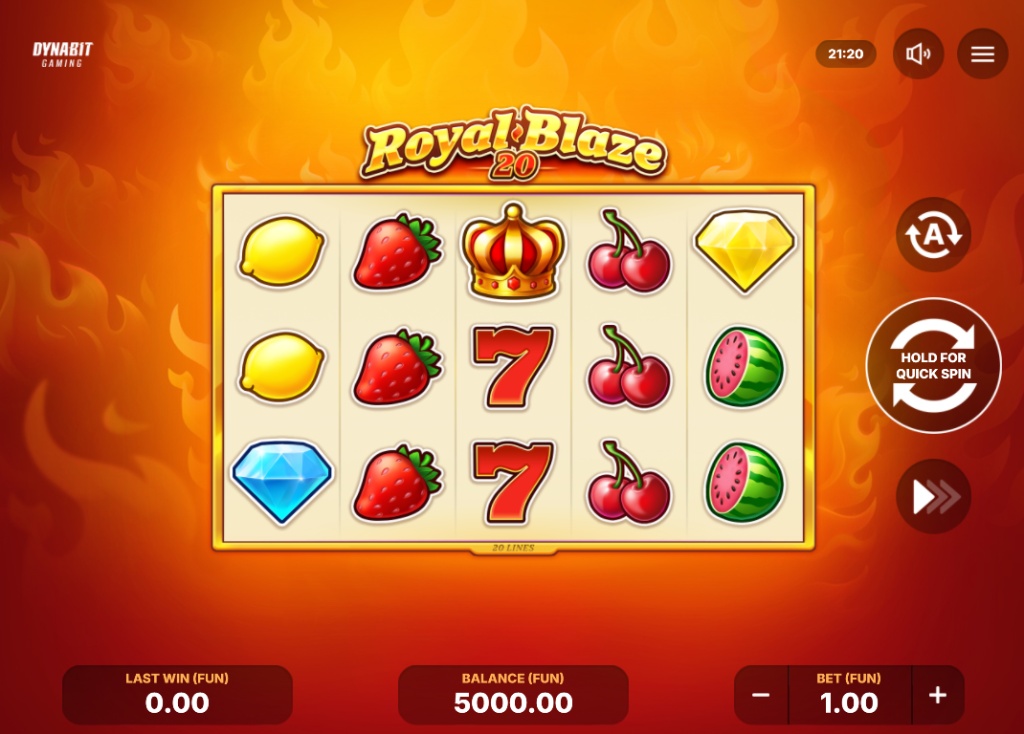 The 5x3 reel layout of the Royal Blaze 20 slot demo, showing classic fruit symbols and the 20 paylines.