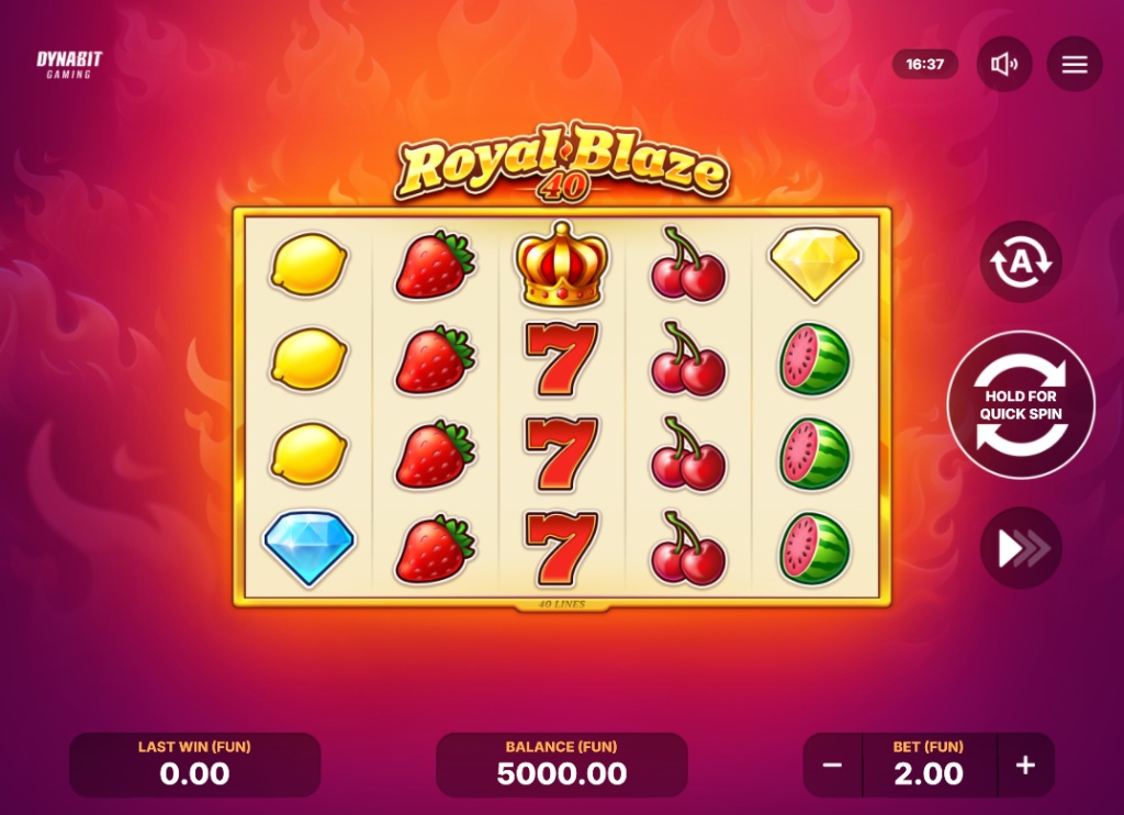 A 5x4 grid of the Royal Blaze 40 slot demo, showing fruit symbols and a Crown Wild.