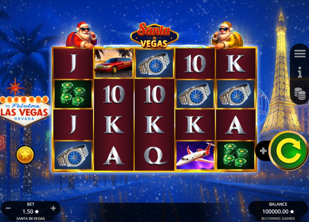 The main 5x4 game grid of the Santa in Vegas slot, showing the high-roller symbols and Vegas backdrop.