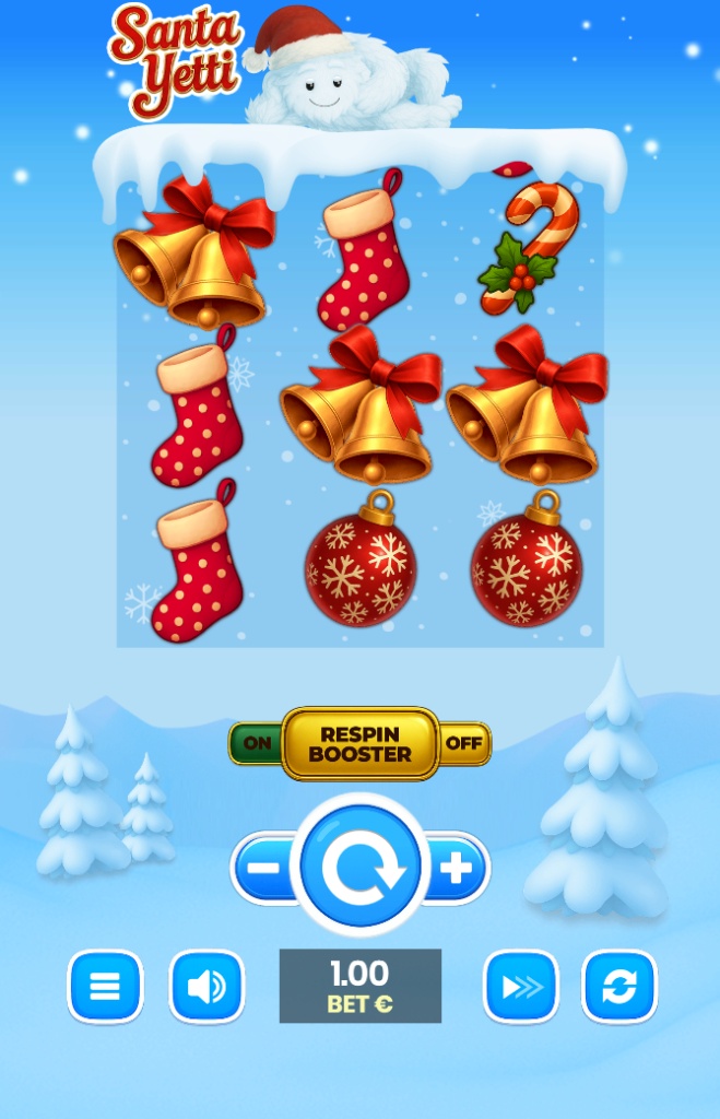 Santa Yetti slot base game interface showing 3x3 grid and winter background.