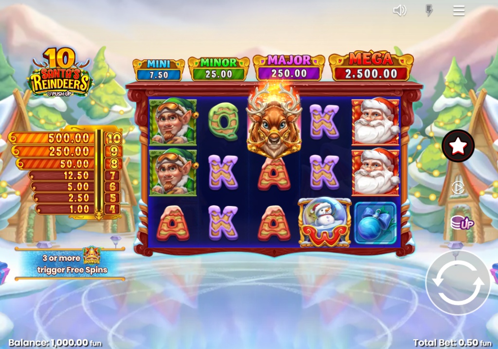 Base game of 10 Santa's Reindeers slot by Push Gaming showing the 5x4 grid and winter background.