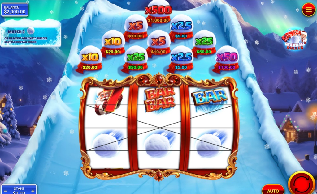 Santas Snowball Roller 3x3 reel layout showing classic symbols and the snowy village background.`