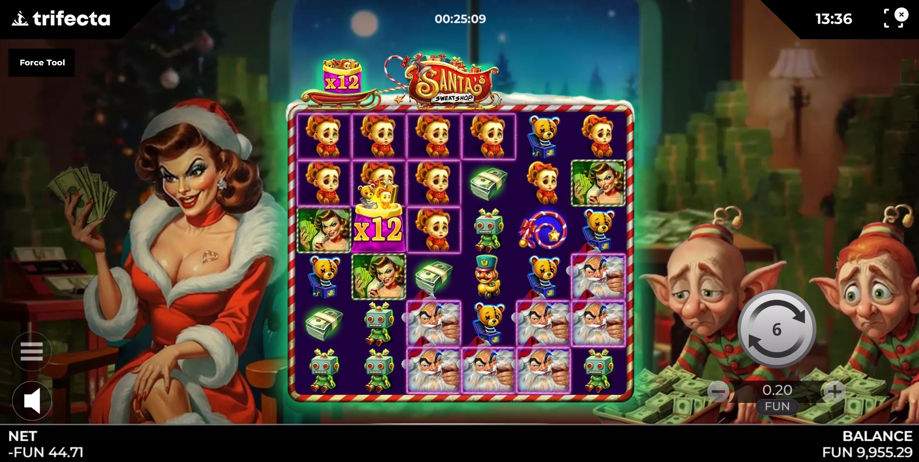 The progressive multiplier in action during the Santa's Sweatshop free spins round.