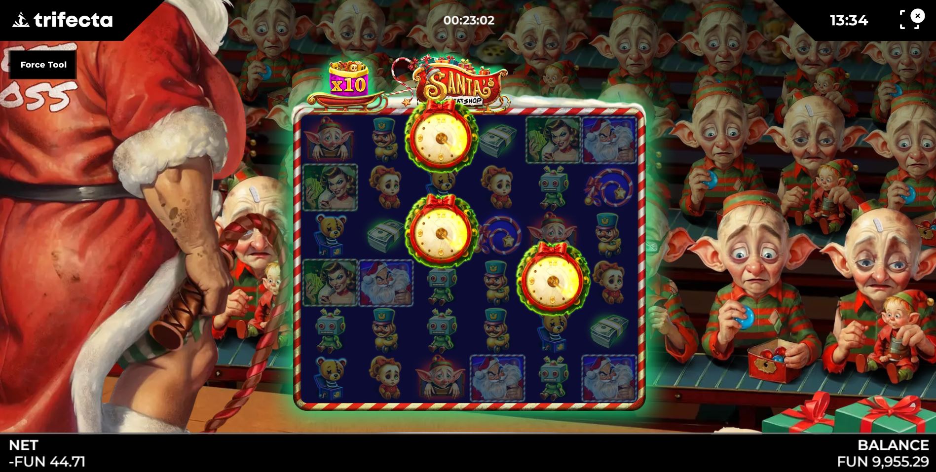 Triggering the free spins bonus round in Santa's Sweatshop with three clock scatter symbols.