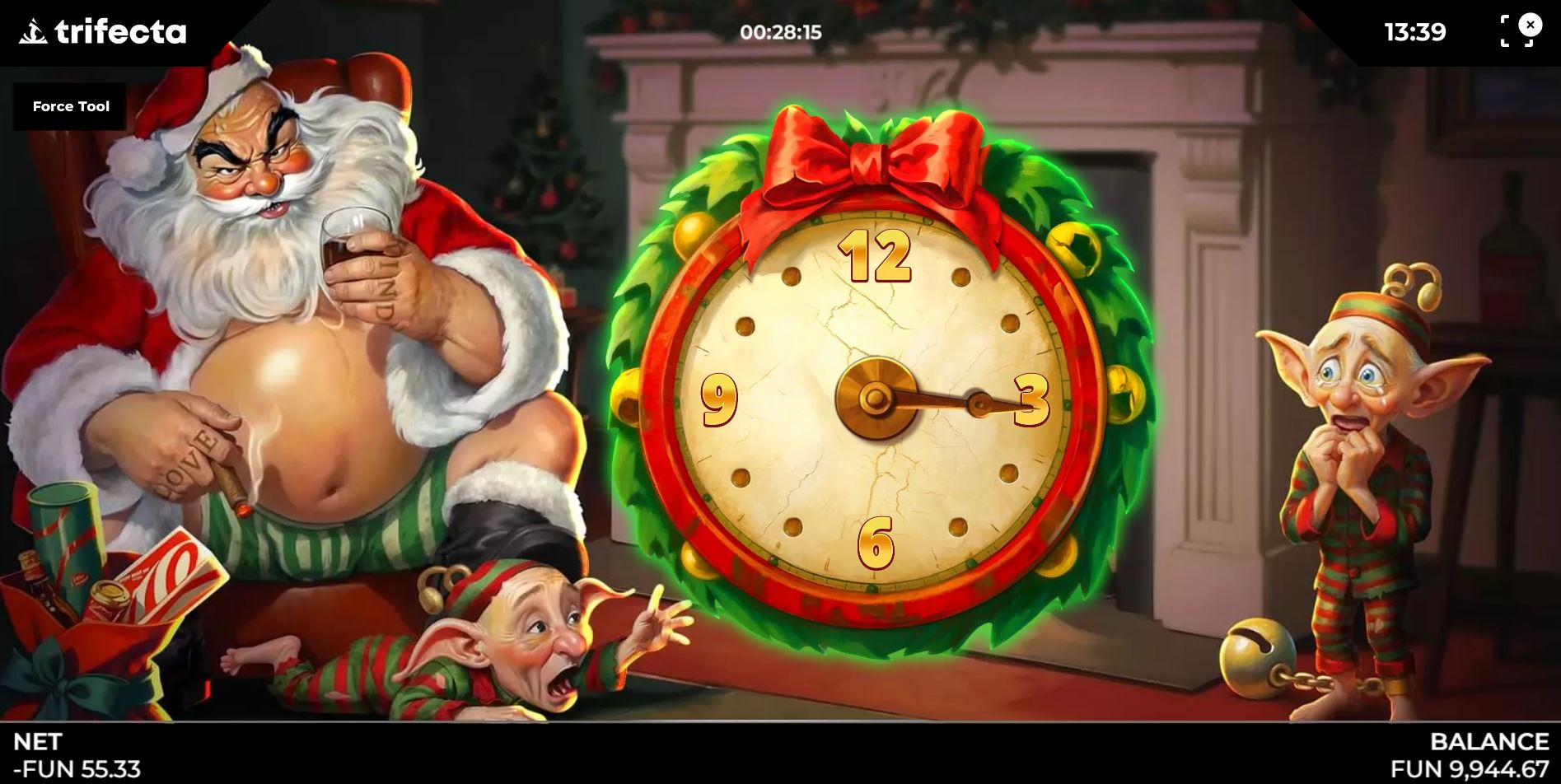 The bonus round trigger screen for Santa's Sweatshop, showing a menacing Santa and terrified elves next to a large Christmas wreath clock.