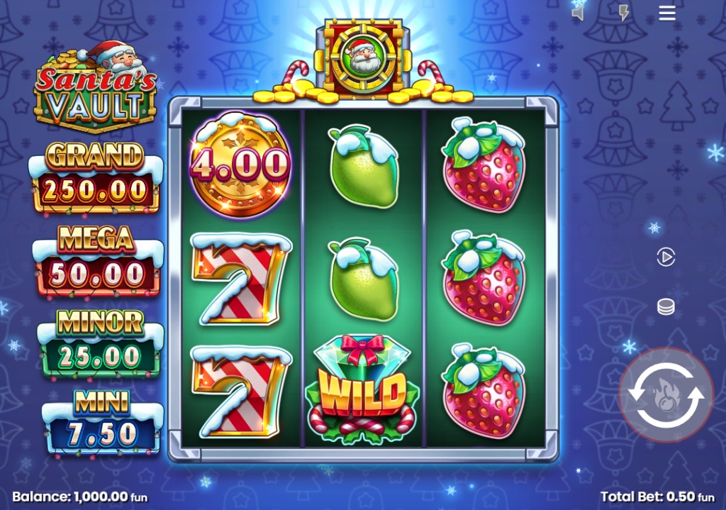 A view of the 5x3 reel layout in the Santa's Vault slot base game, showing the Christmas theme and jackpot values.