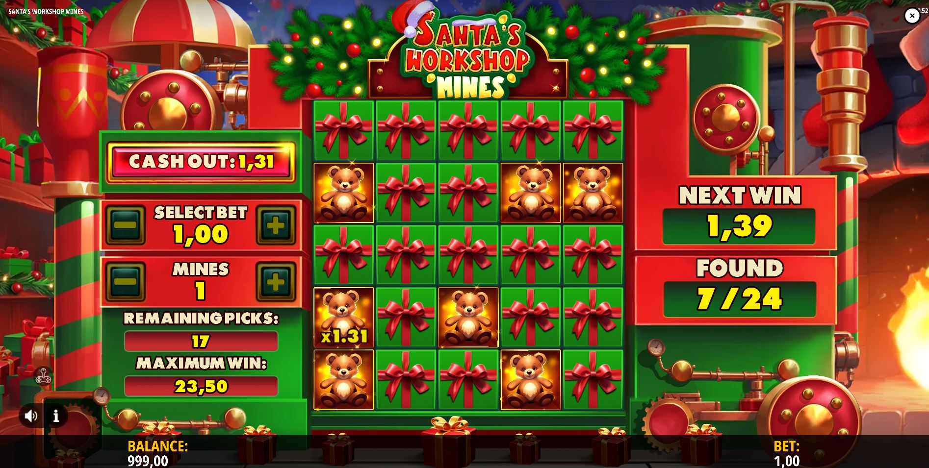 A mid-round view of Santa's Workshop Mines showing a successful streak with two Teddy Multipliers revealed and an increased cash-out value.