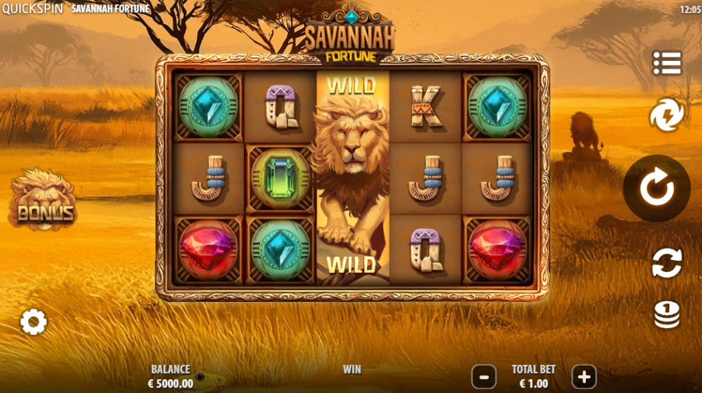 The main 5x3 game grid of the Savannah Fortune slot, set against a golden savannah backdrop.