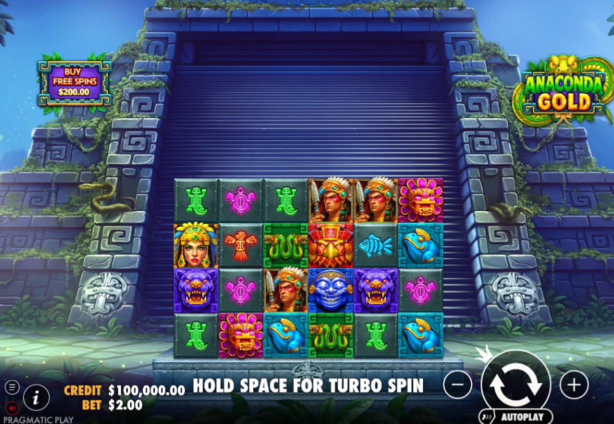 Anaconda Gold slot base game interface showing 6x4 grid and Aztec temple background with buy free spins button.