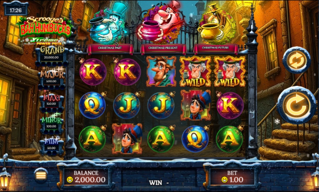 Base game interface of Scrooge’s Bah Humbucks slot by Rival showing the 5x3 grid, snowy London street background, and three Ghost Pots above the reels.