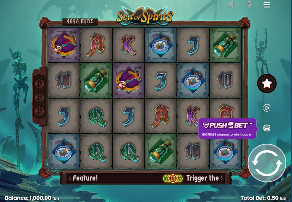 Sea of Spirits slot base game grid 5x4 with pirate symbols and 4096 ways to win.