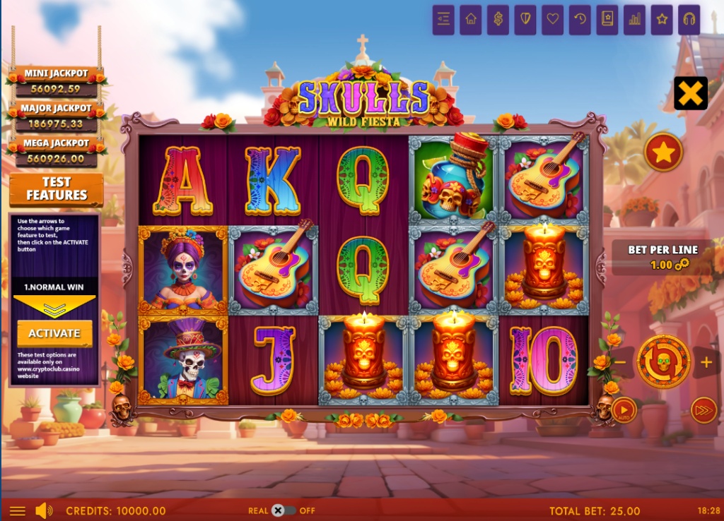 Skulls Wild Fiesta slot machine base game view with 5x3 reel layout.