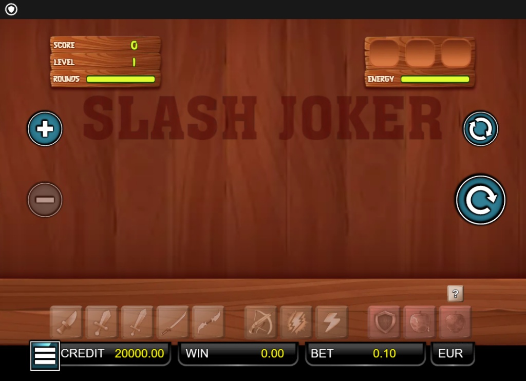 The main game screen of Slash Joker, showing the wooden background and game logo before a round starts.
