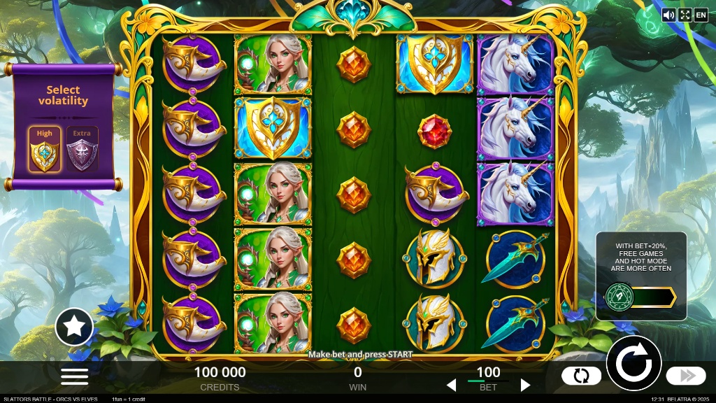 Slattors Battle slot base game interface showing 5x4 grid with Elf and Orc symbols and volatility switch.