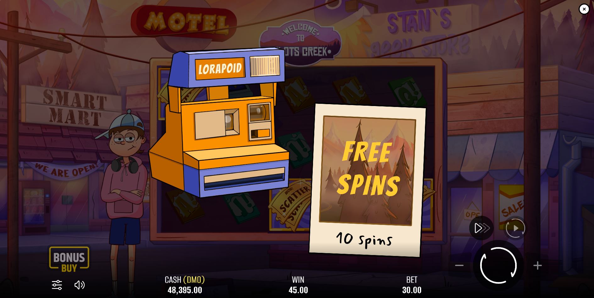Three Scatter/Wild ticket symbols landing on the reels, triggering the free spins bonus round in Slots Creek.