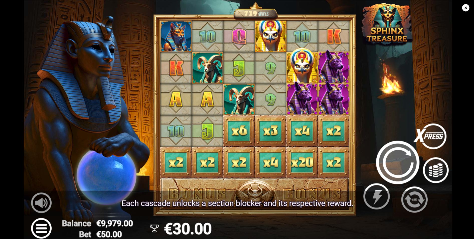 AvatarUX Sphinx Treasure slot base game interface showing 6x3 grid and Egyptian temple background.
