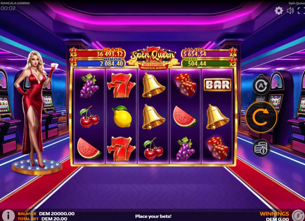 Base game reels of Spin Queen slot by Mancala Gaming featuring fruit symbols and the Lady in Red character.