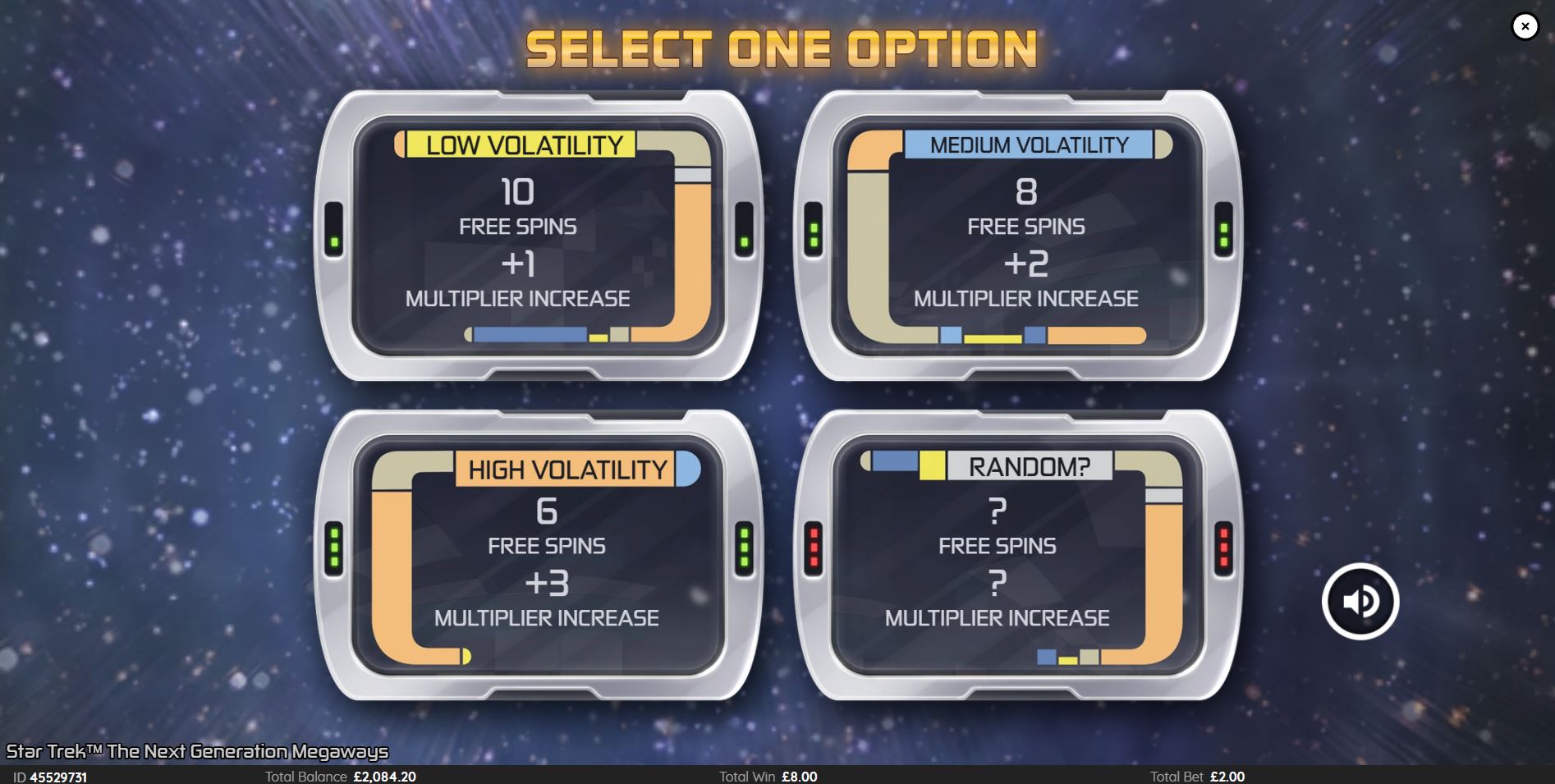 The selection screen for the Free Spins bonus round, offering four different volatility options.