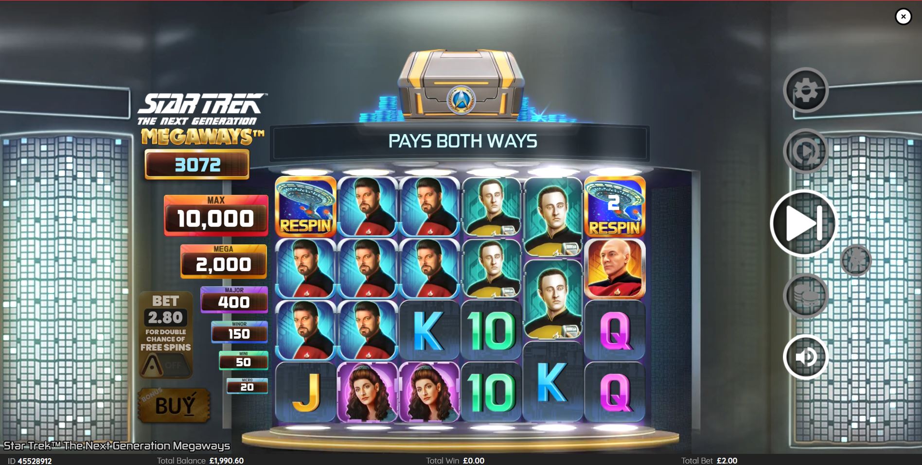 Triggering the Respin Bonus feature in Star Trek The Next Generation Megaways with scatter symbols highlighted.