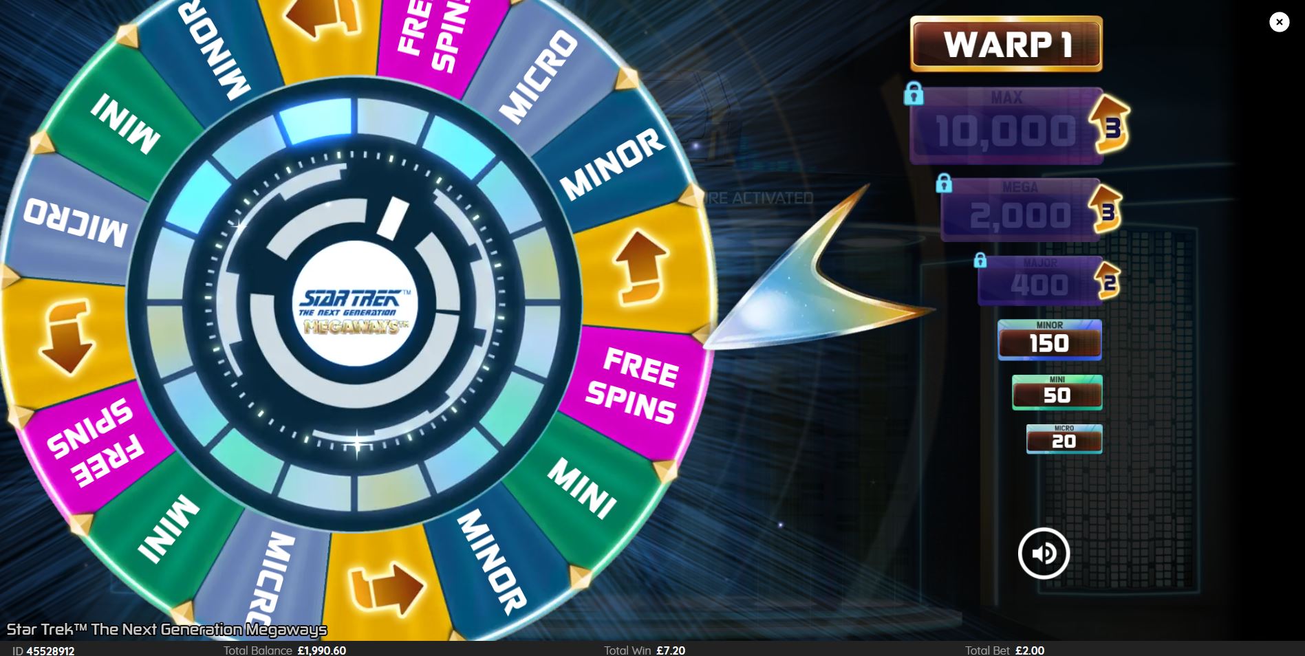 The multi-level Warp Speed Wheel bonus in the Star Trek TNG Megaways slot, showing jackpot prizes.