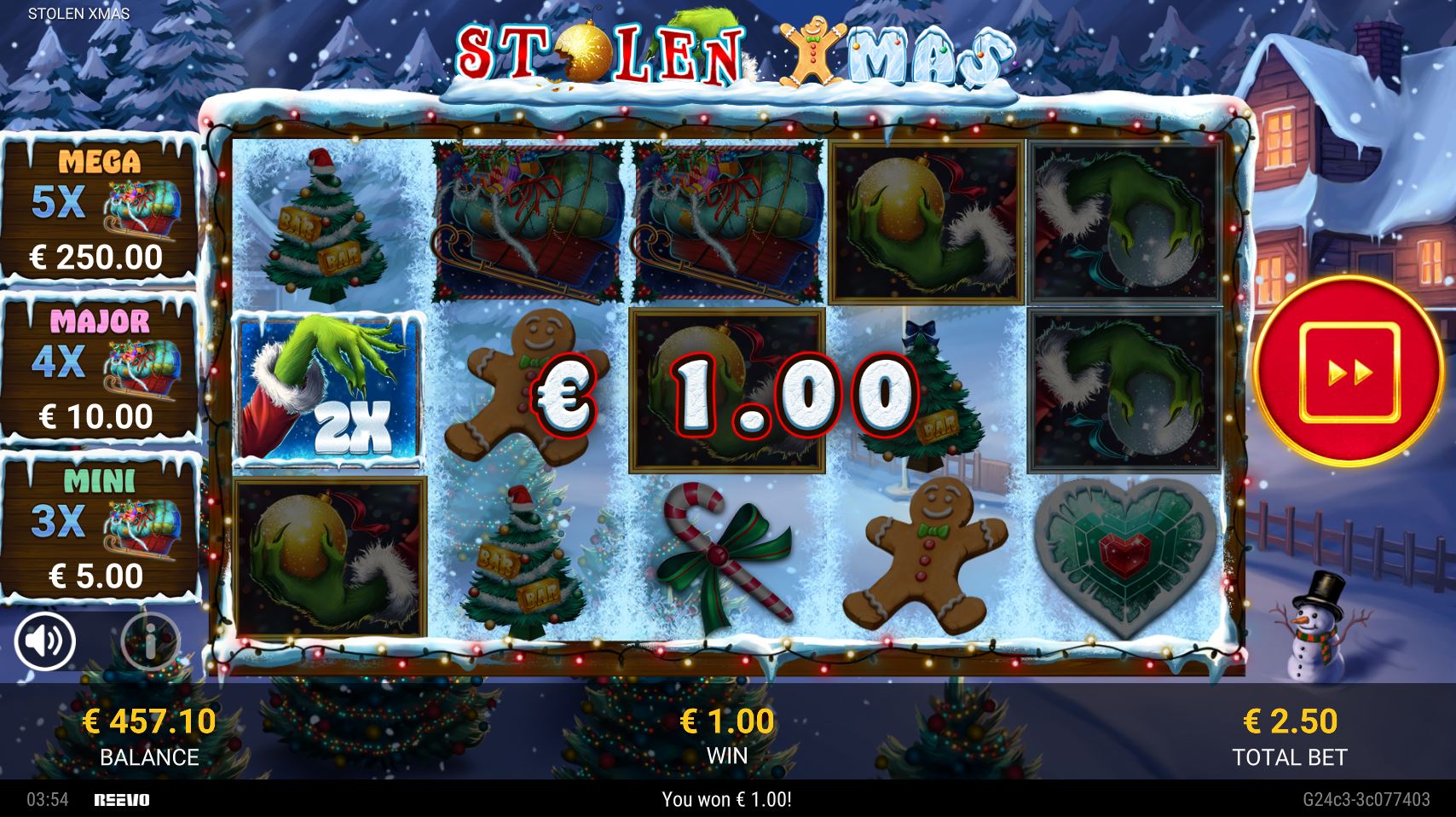 A winning combination on the Stolen Xmas slot is boosted by a 2x Wild Multiplier symbol.