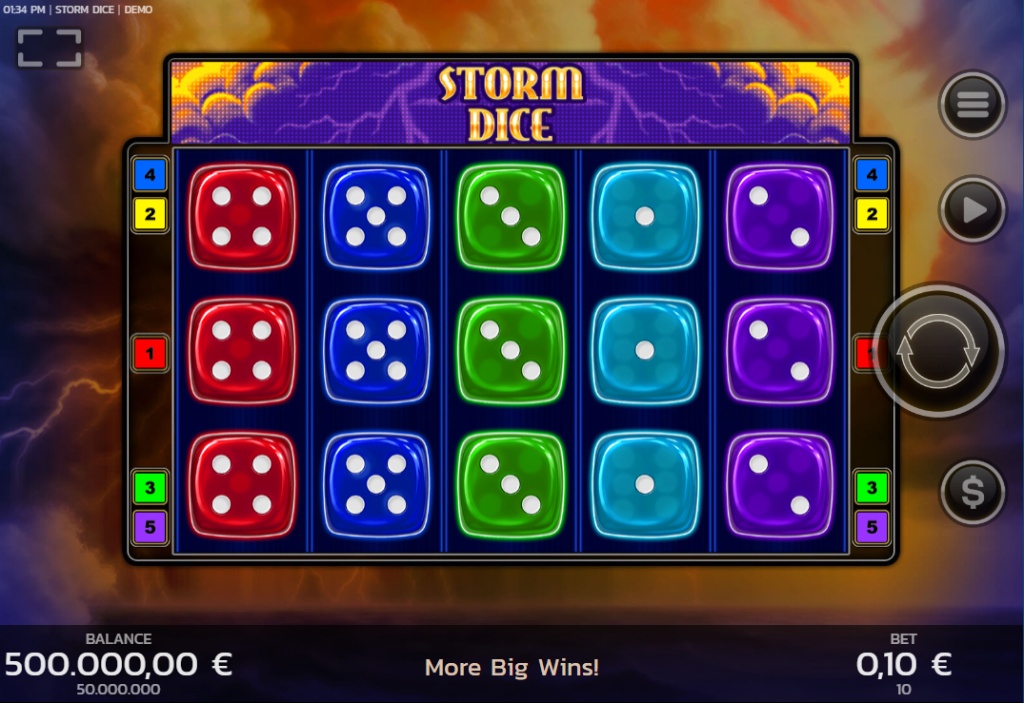 The main 5x3 game grid of the Storm Dice slot demo, showing various dice symbols and the 5 paylines.