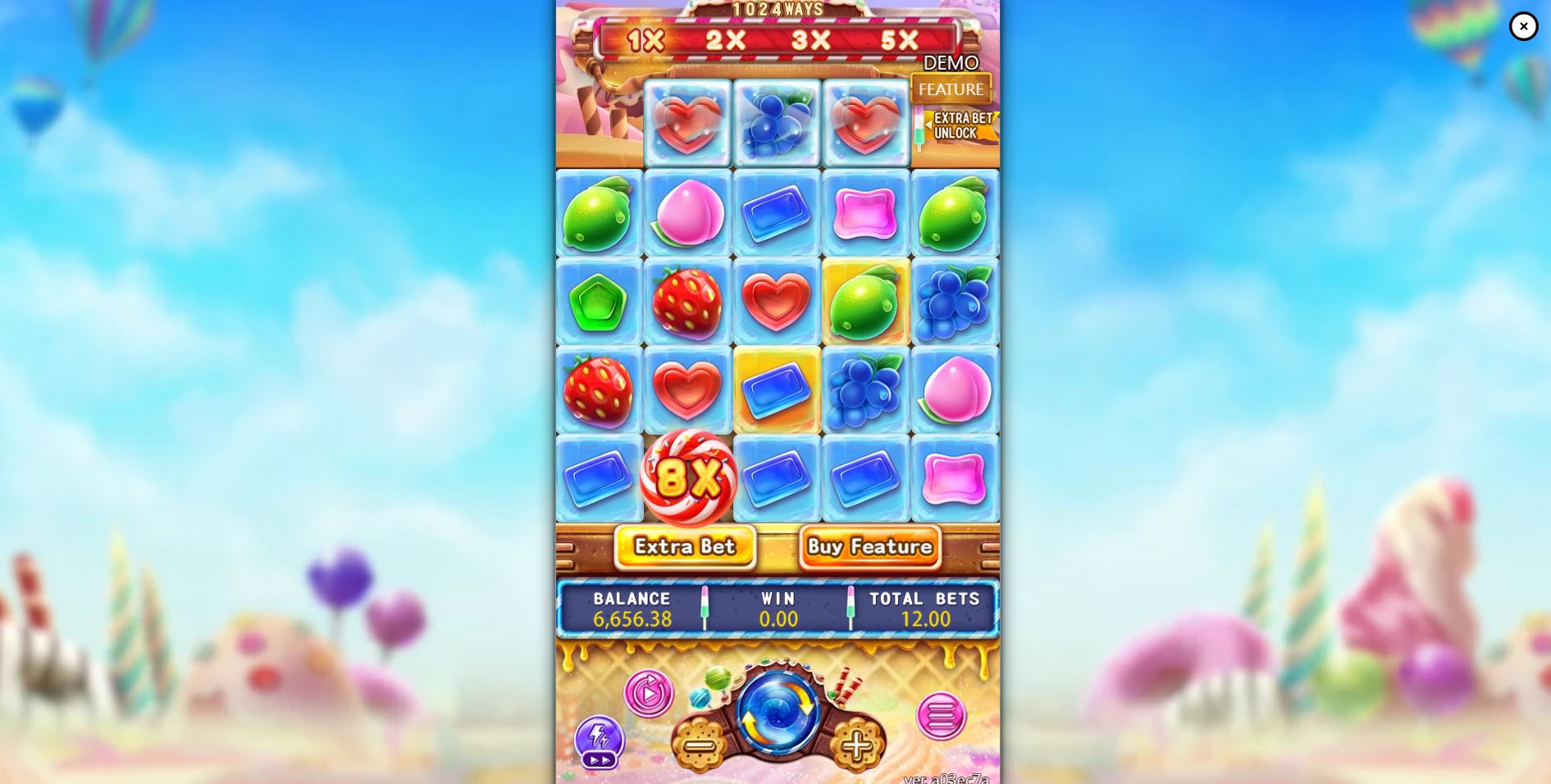 Base game interface of Sugar Bang Bang Plus slot by Fa Chai showing 5x4 grid with candy symbols and 1024 ways to win.