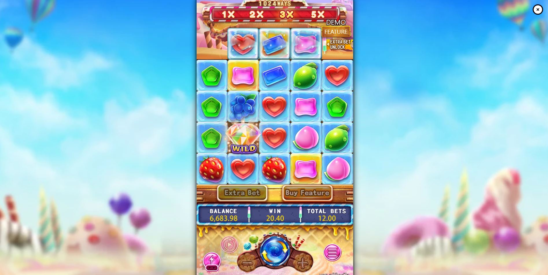 Winning golden symbols transforming into Rainbow Gem Wilds during a cascade in Sugar Bang Bang Plus.