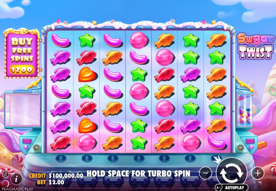 Sugar Twist slot base game interface showing 7x7 candy grid and tumble mechanic.