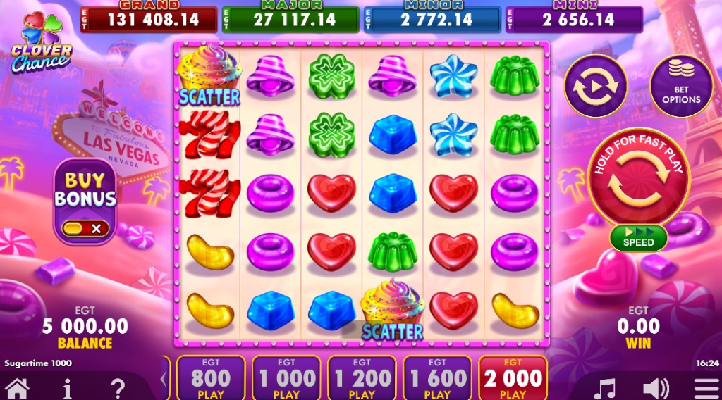 Sugartime 1000 base game screenshot showing the 6x5 grid and candy symbols.