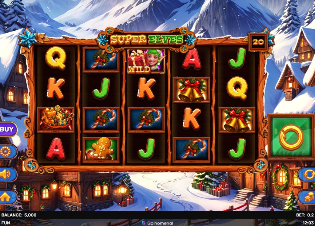 The 5x3 grid of the Super Elves slot demo, showing the snowy village background and festive symbols.
