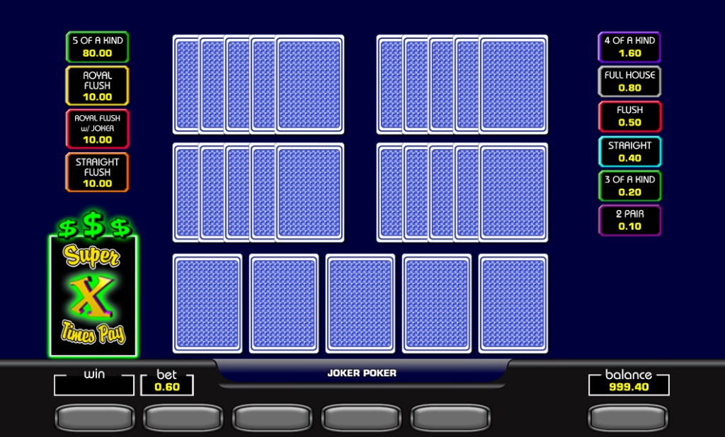 A view of the Super Times Pay Five Play Video Poker demo game interface, showing the 5 hands and Joker Poker paytable.