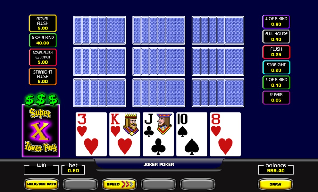 The main game screen of Super Times Pay Ten Play Video Poker, showing the 10 hands and the Joker Poker paytable.