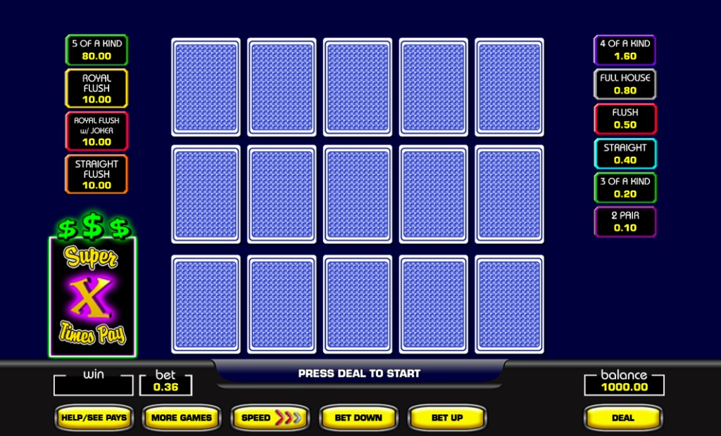 The main game screen of Super Times Pay Triple Play video poker before the deal, showing the three-hand layout.