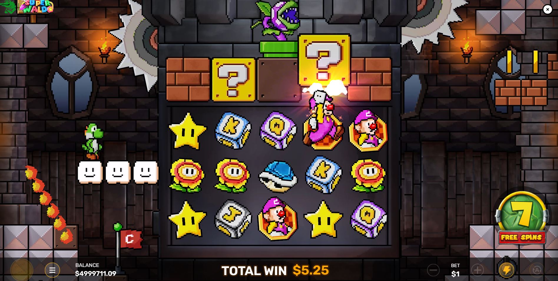 The 8-Bit Castle free spins bonus in Super Waldo, showcasing the retro pixel art style and locked bricks.