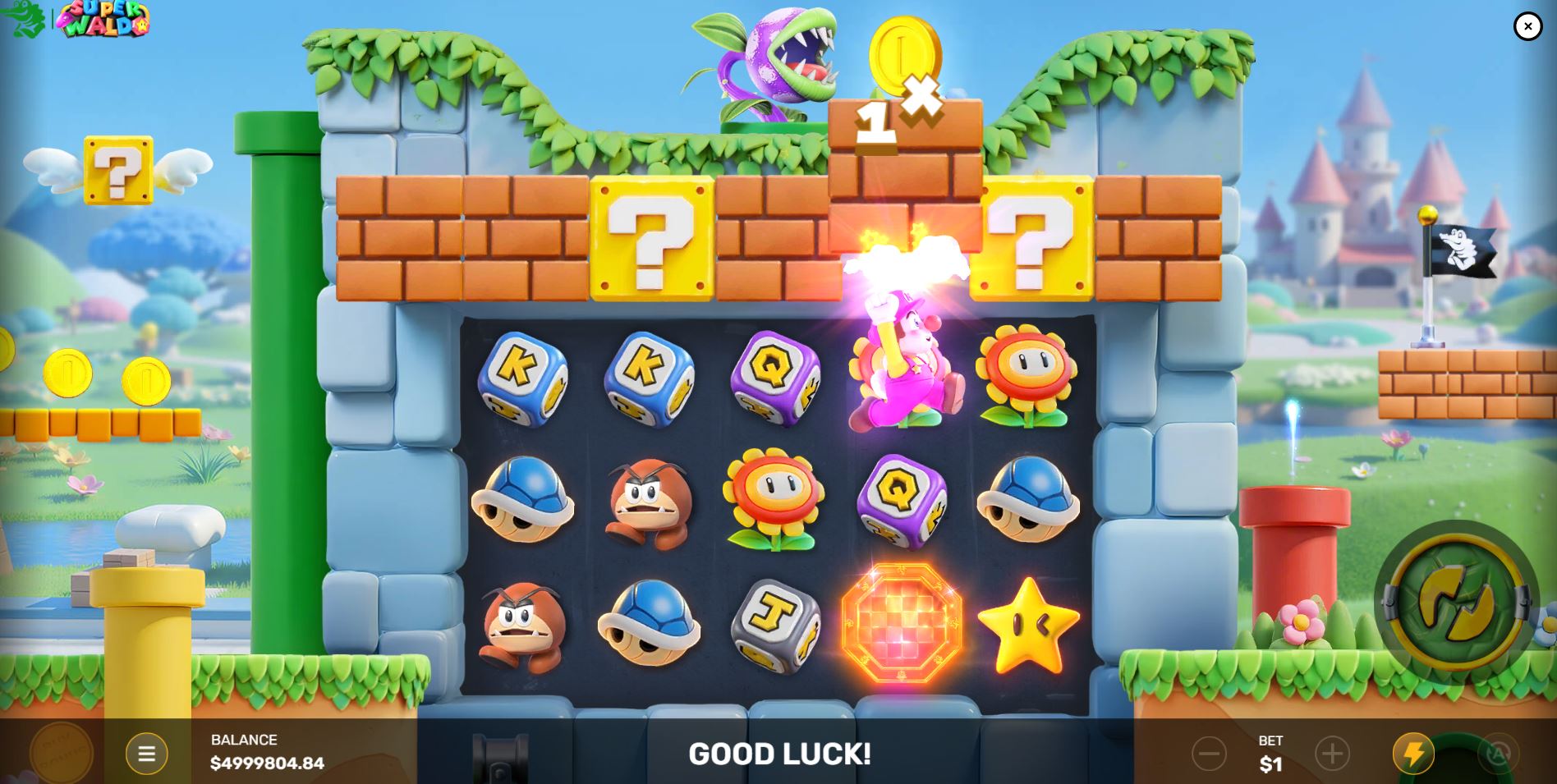 The Waldo Wild character jumps to break a yellow Mystery Brick, revealing a hidden prize in the Super Waldo slot.