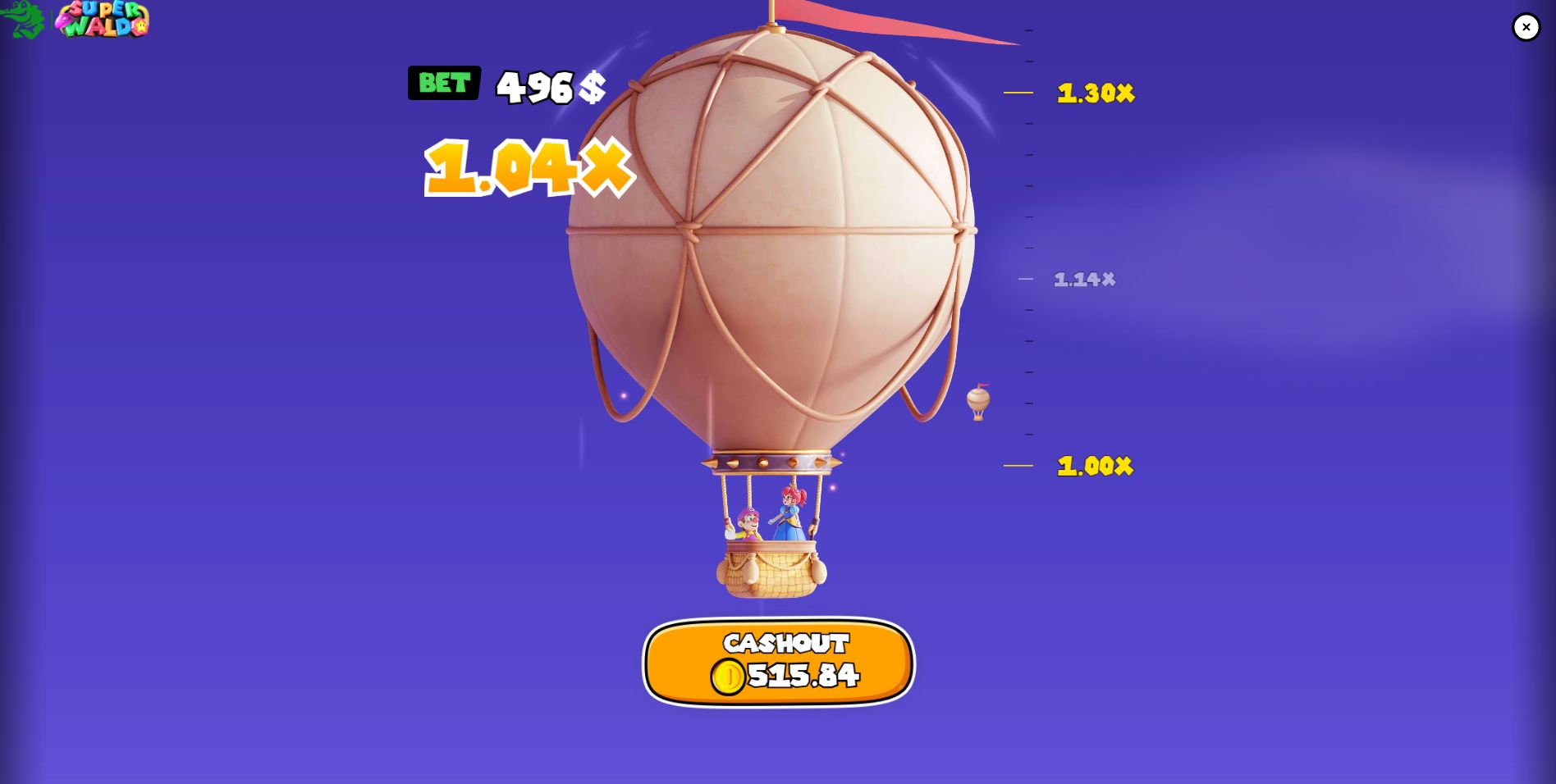 The exciting post-bonus Crash Mini Game in Super Waldo, showing a hot air balloon rising with an increasing multiplier.