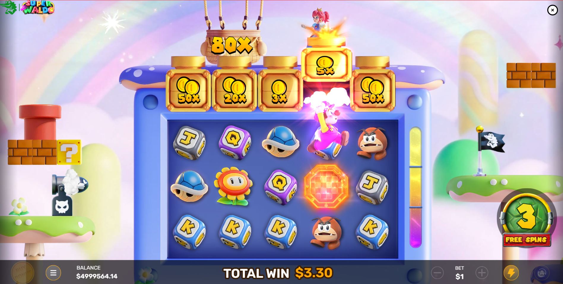 The hold-and-win Secret Level bonus in Super Waldo, with golden jars holding coin values and a princess watching over.