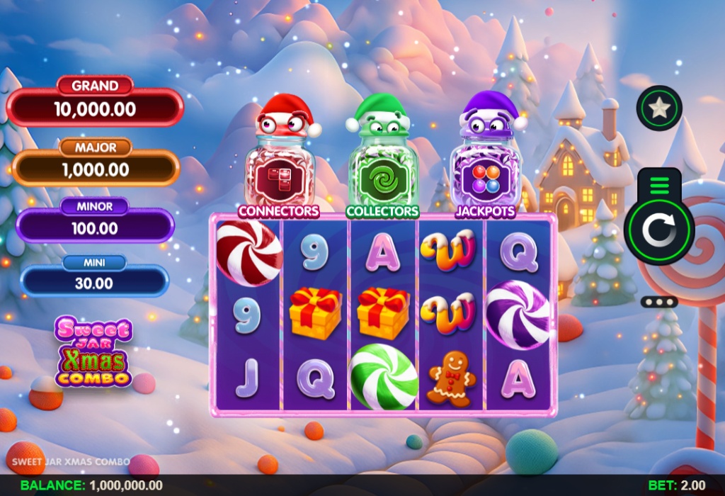 The main 5x3 reel layout of the Sweet Jar Xmas Combo slot, showing the three feature jars and jackpot values.