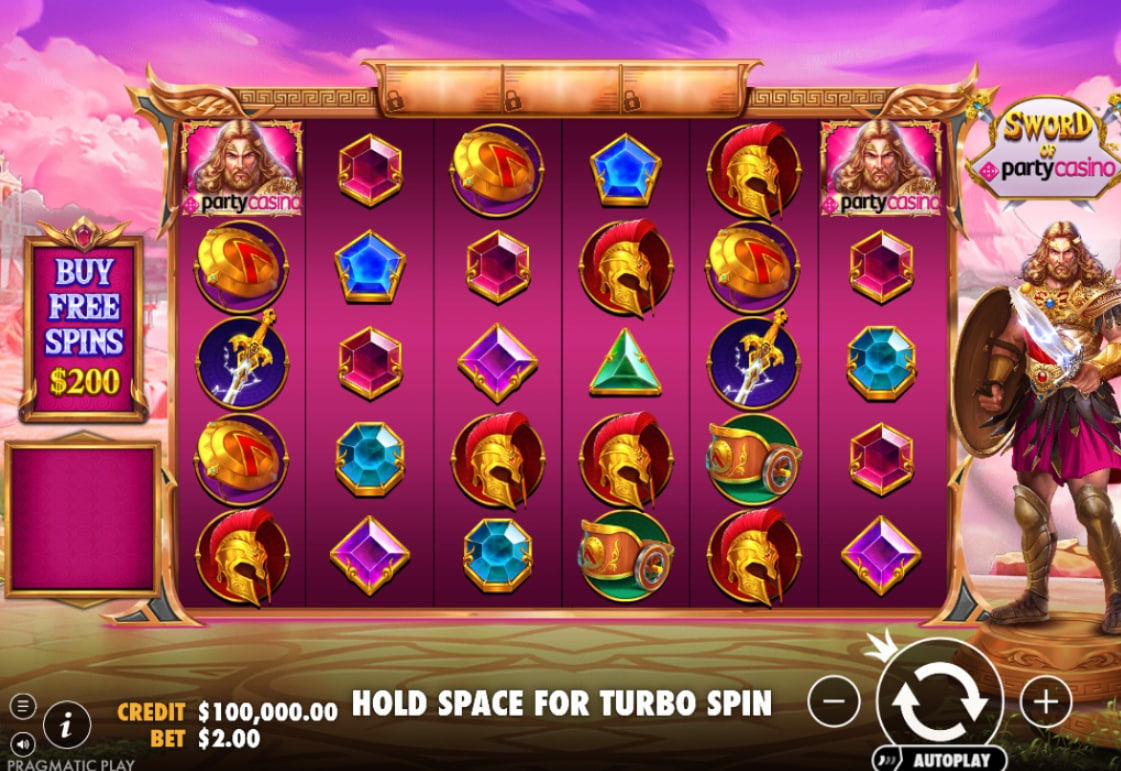 Base game interface of Sword of Party Casino slot showing 6x5 grid and Zeus warrior character.