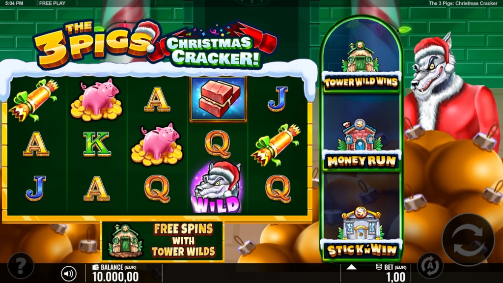 The 5x3 reel set of The 3 Pigs Christmas Cracker slot featuring festive symbols, the Wolf character, and house collection meters on the side.
