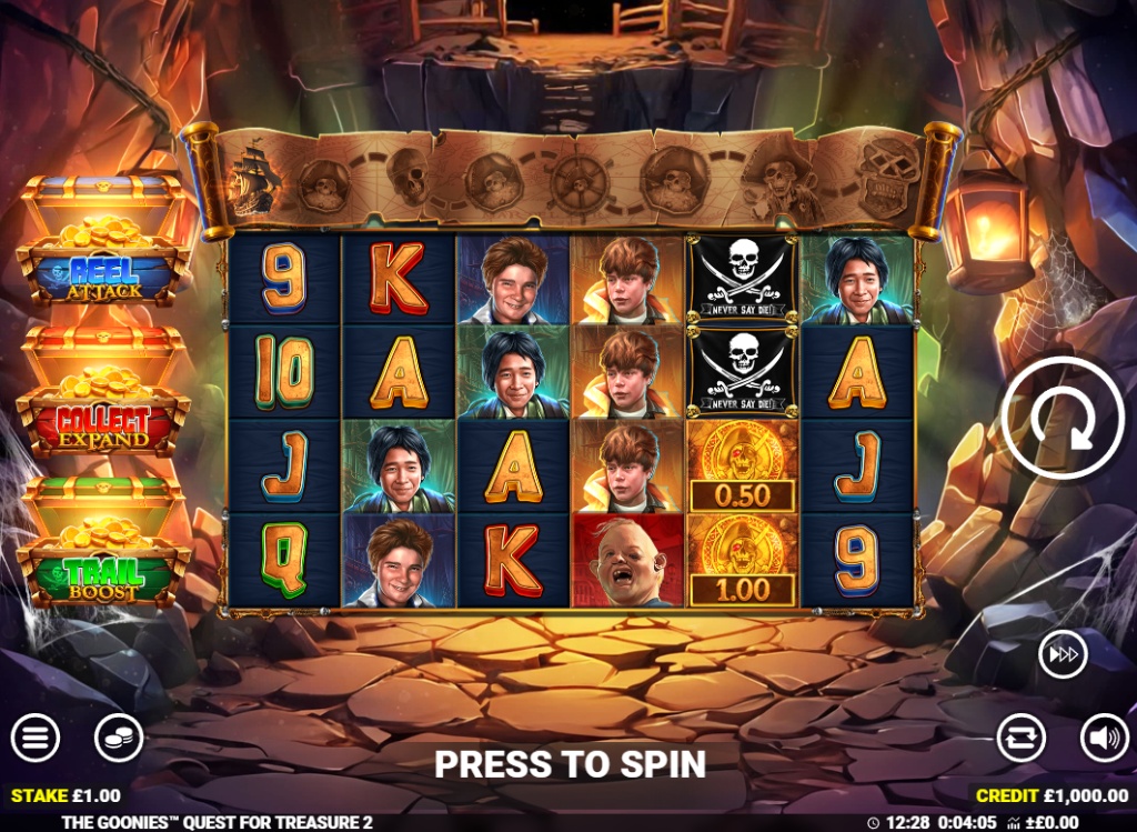 The Goonies Quest for Treasure 2 slot base game grid, showing the 6x4 layout and the feature trail on the left.