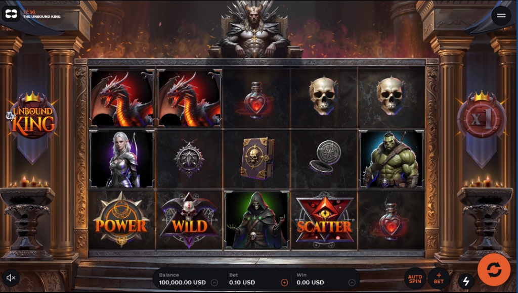 The Unbound King slot base game interface showing the 5x3 grid, Ember Throne background, and dark fantasy symbols like the Dragon and Orc Warlord.