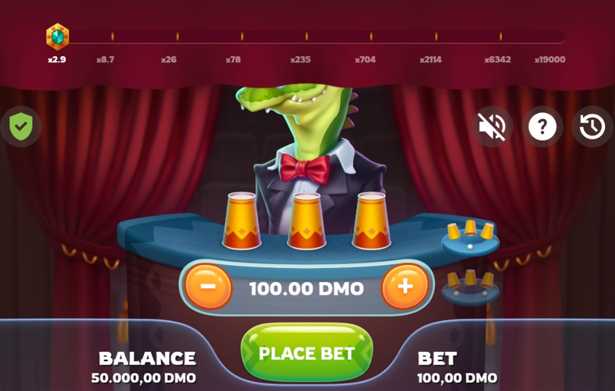 The main game interface of Thimble Croc, showing the crocodile host, three cups, and the betting controls.