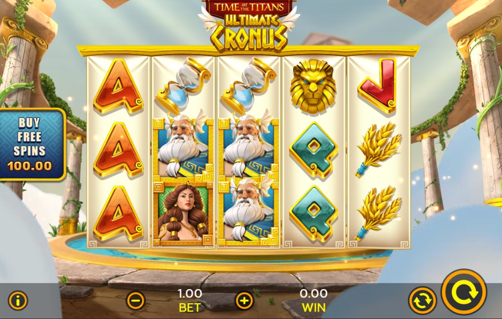 Time of the Titans Ultimate Cronus slot base game reels with Greek columns background.