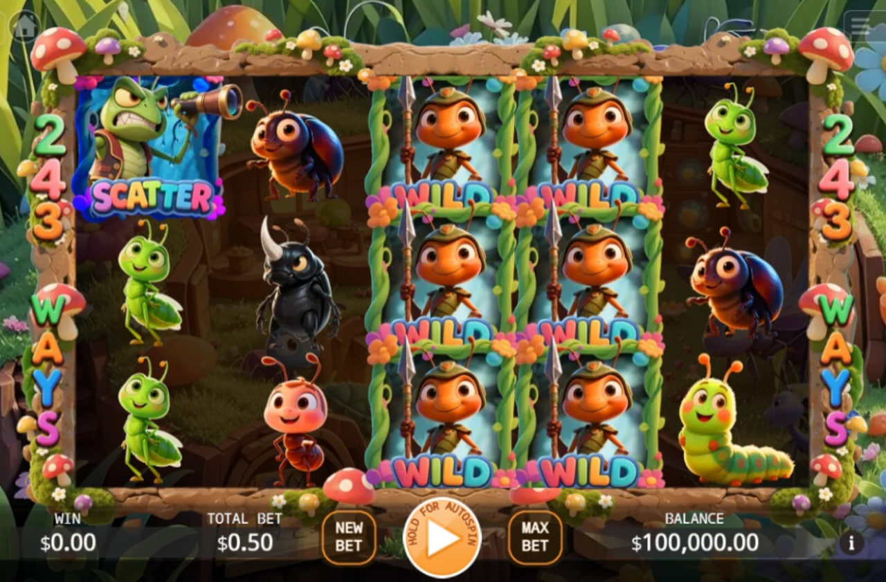 Tiny Warriors slot demo base game grid with 243 ways.